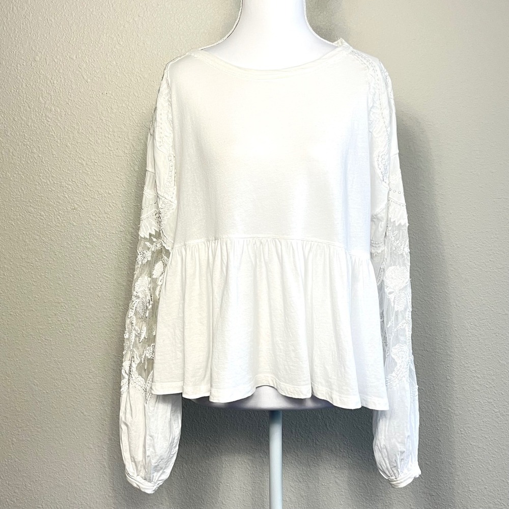 Free People White Embroidered Mesh Sleeve Babydoll Peplum Top XS‎ Boho Cotton